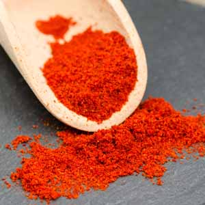 A wooden spoon full of red paprika spice.