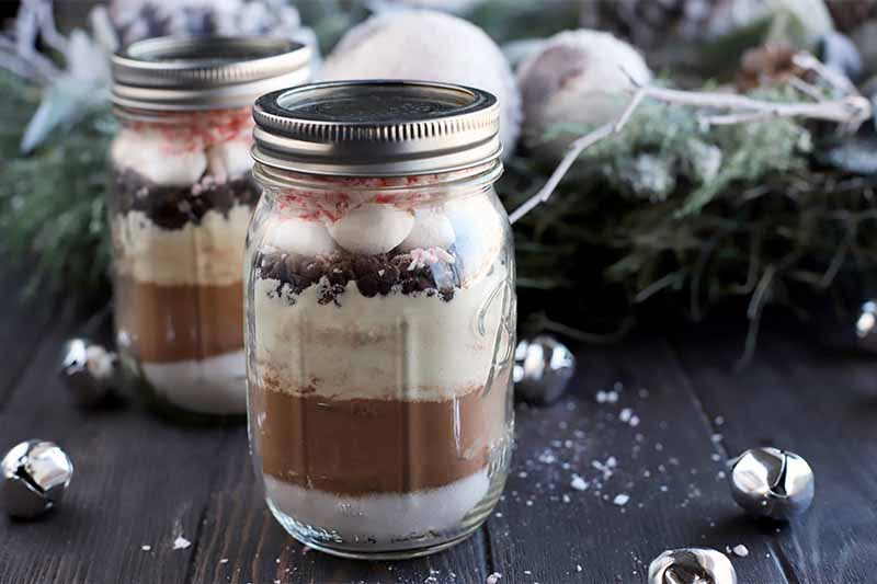 Two jars of layered homemade hot chocolate mix, on a dark brown wood surface with jingle bells, peppermint candy crumbs, and decorative white baubles and artificial holiday foliage.