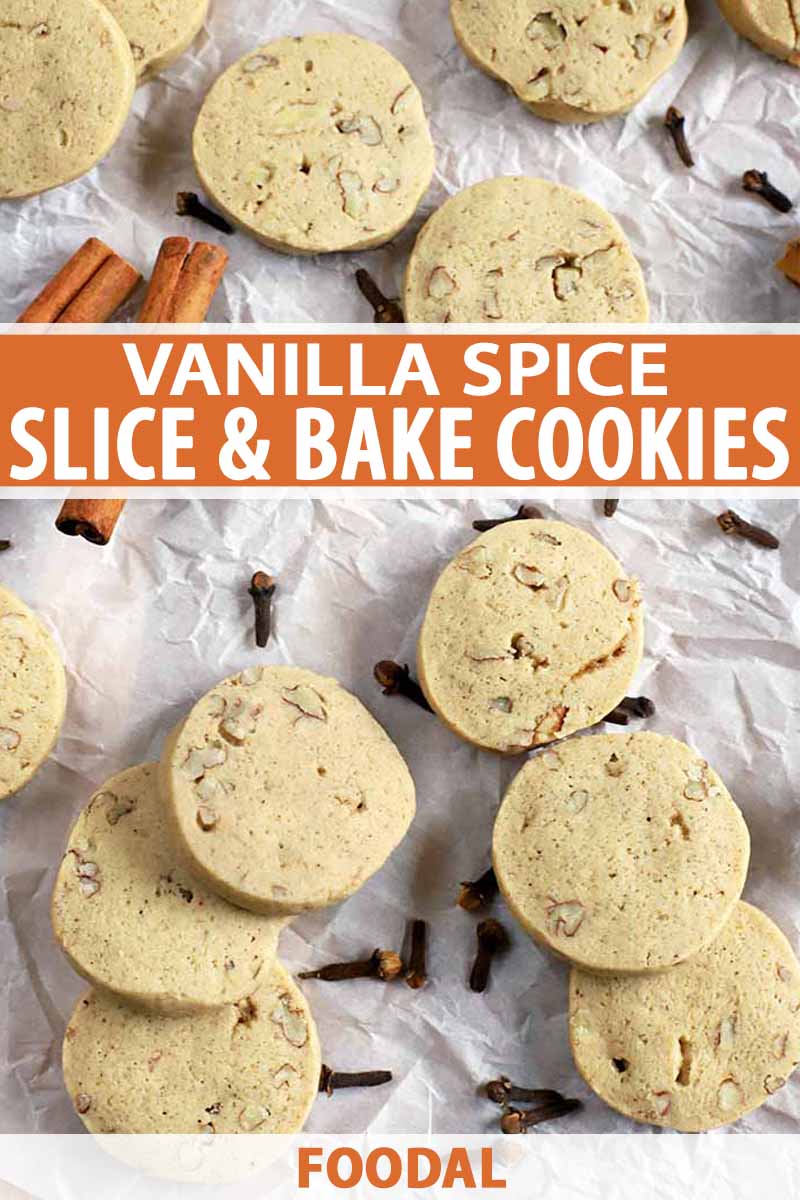 Overhead shot of scattered vanilla spice slice and bake cookies with whole cinnamon sticks and cloves on a piece of parchment paper, printed with orange and white text.