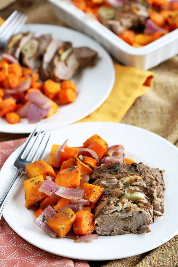 Balsamic Dijon Pork Loin with Sweet Potatoes, Onions, & Carrots | Foodal