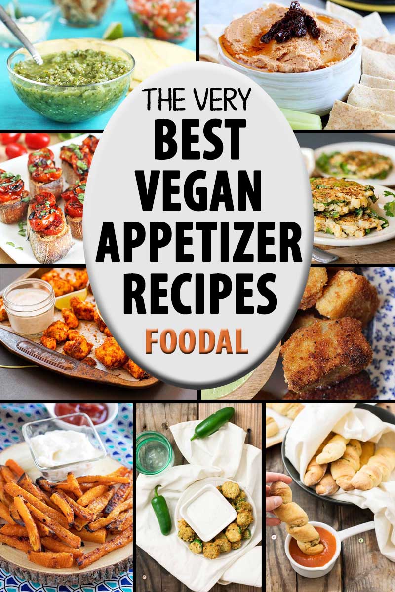 A collage of photos showing different vegan appetizer recipes.