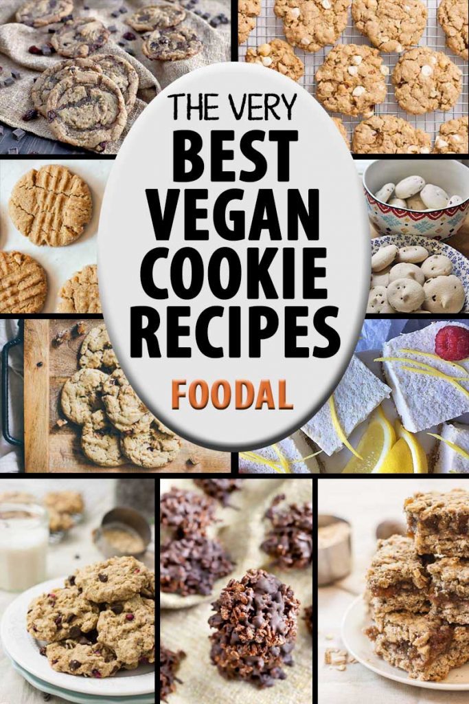 A collage of photos showing different kinds of vegan cookies.