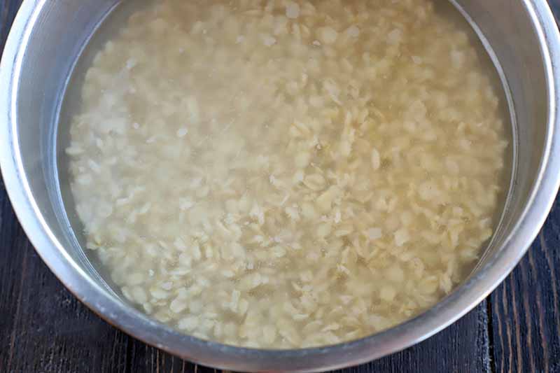 Closely cropped overhead image of oats soaking in water in a large stainless steel mixing bowl, on a dark brown wood table.