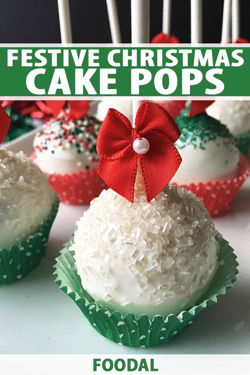 Vertical image of Christmas cake balls in liners with white text on a green background.