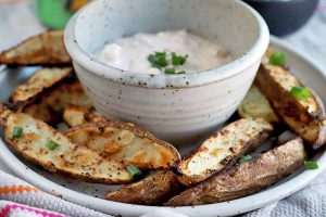 Potato Wedges with Buffalo Blue Cheese Dip Are the Ultimate Game Day Spuds
