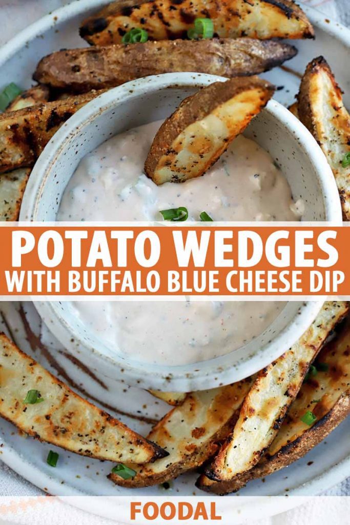 Vertical image of a white bowl with a creamy condiment and potato wedges with text in the center and bottom.