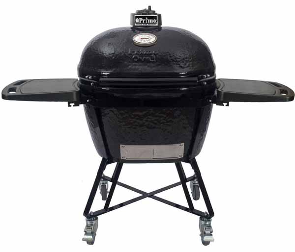 Primo 7800 All-In-One Oval XL Ceramic Kamado Grill With Cradle and Side Shelves on a white, isolated background.