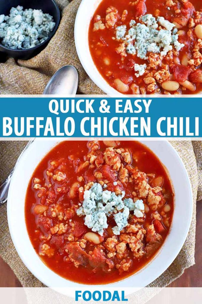 Vertical overhead shot of two white bowls of chicken chili with a vibrant red sauce, topped with blue cheese crumbles with a small bowl of the same to the left and a spoon, on a burlap surface, printed with blue and white text.