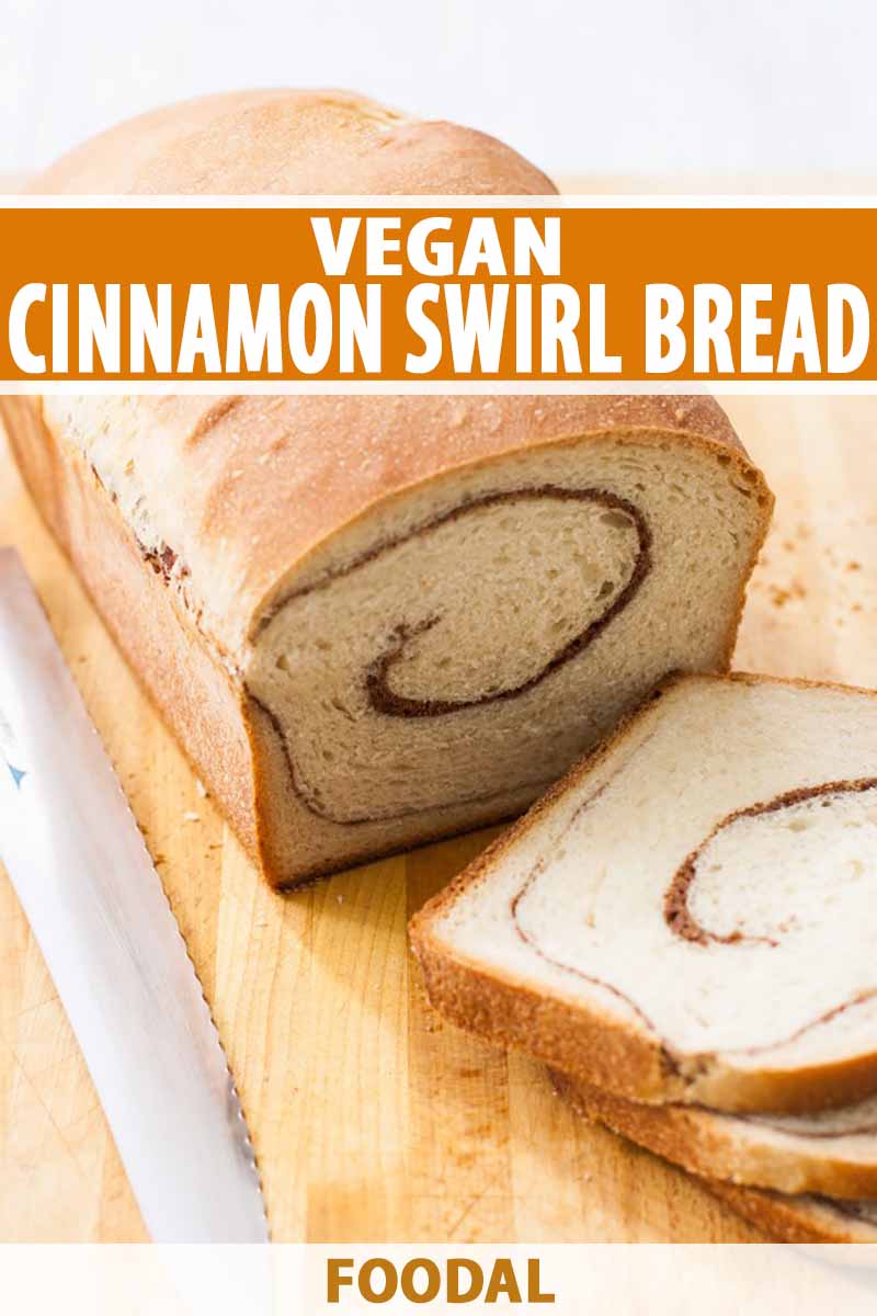 Vertical image of a whole bread loaf with a slice and text on the top and bottom.