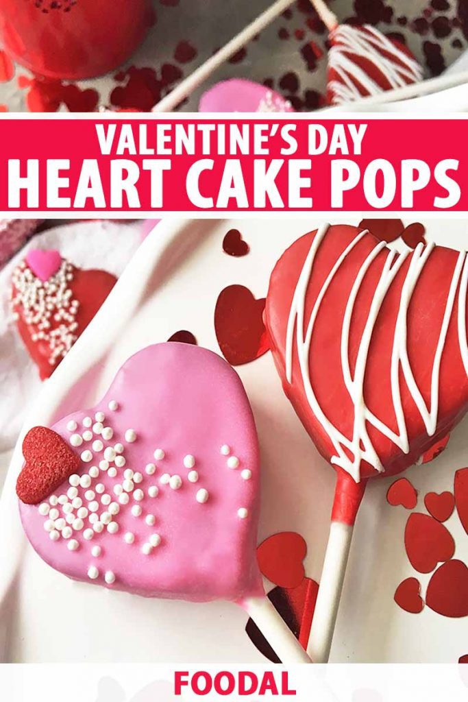 Vertical image of cake pops on a white surface with Valentine's Day decorations, with text in the middle and bottom of the image.