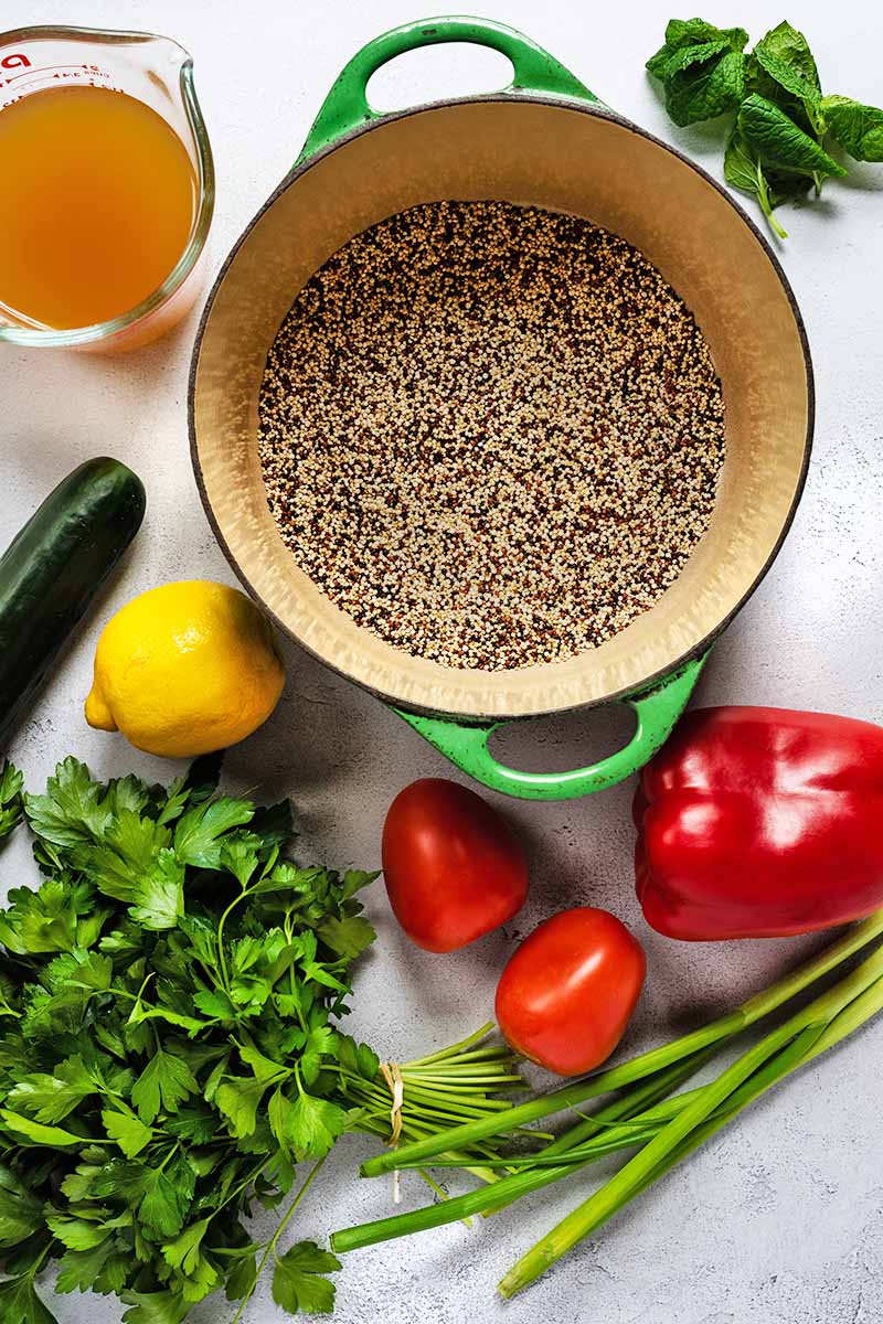 Overhead shot of a beige and green enameled cooking pot with uncooked multicolored quinoa at the bottom, a glass measuring cup of broth, a cucumber, a lemon, two Roma tomatoes, a red bell pepper, fresh mint and parsley, and green onion, on a white and gray speckled surface.