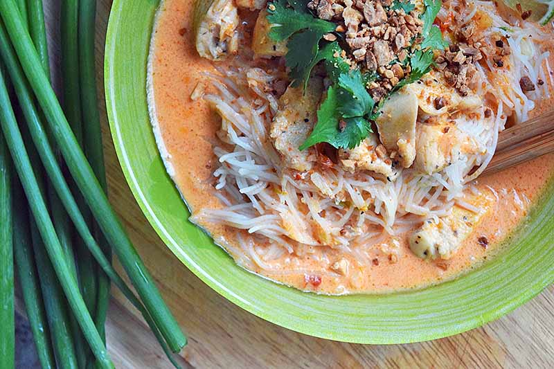 Closely cropped overhead shot of a bowl of red Thai chicken curry with a garnish of cilantro leaves and crushed peanuts, with green scallion tops to the left, on an unfinished wood surface.