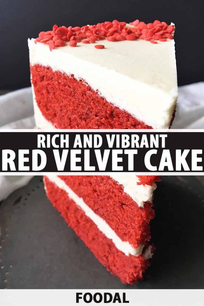 Vertical image of a slice of red cake with vanilla icing, with text in the center and bottom of the image.