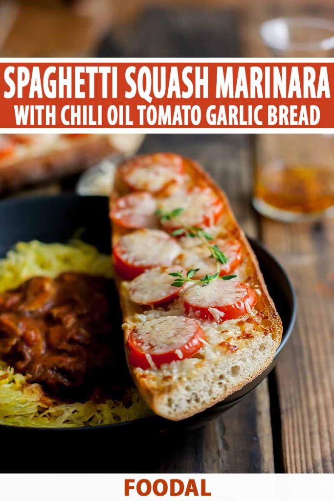 Vertical image of half of a baguette topped with tomatoes on top of a bowl of squash covered in sauce, with text on the top and bottom of the image.