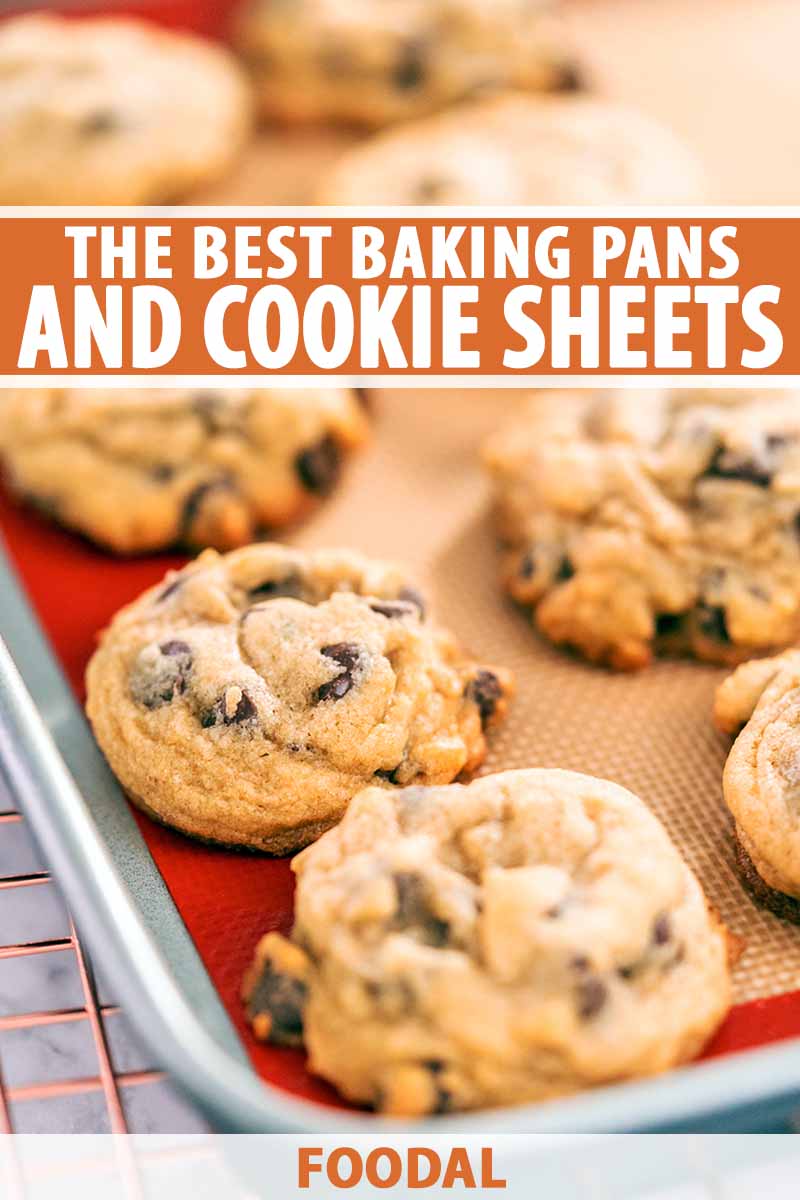 Vertical image of a metal sheet pan lined with an orange and off-white Silpat pan liner, with freshly baked chocolate chip cookies arranged in rows on top, on a metal cooling rack on a gray surface, printed with orange and white text in the top third and at the bottom of the frame.