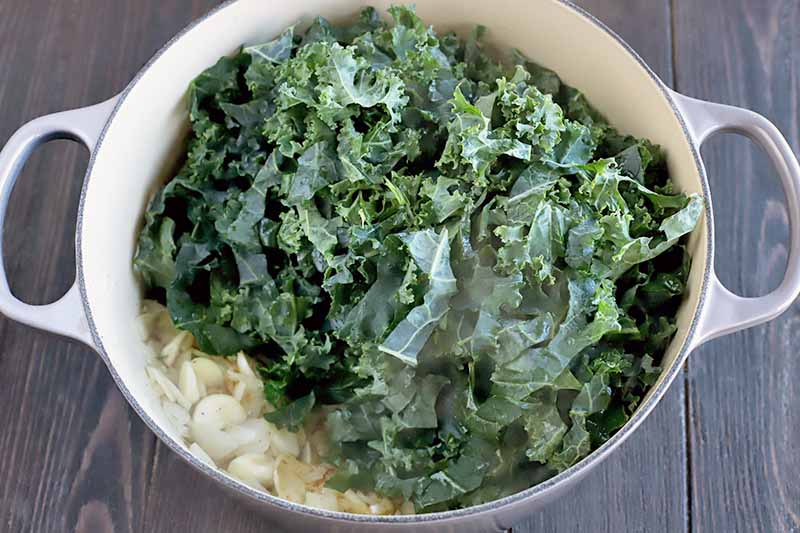 Torn kale, thinly sliced garlic, and chopped onion in a light blue and off-white enameled cast iron Dutch oven, on a dark brown wood table.
