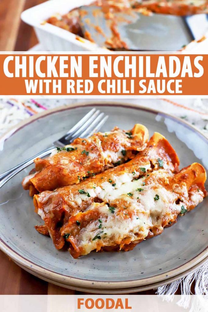 Vertical image of enchiladas on a dish with more in a casserole next to a spatula, with text on the top and bottom of the image.