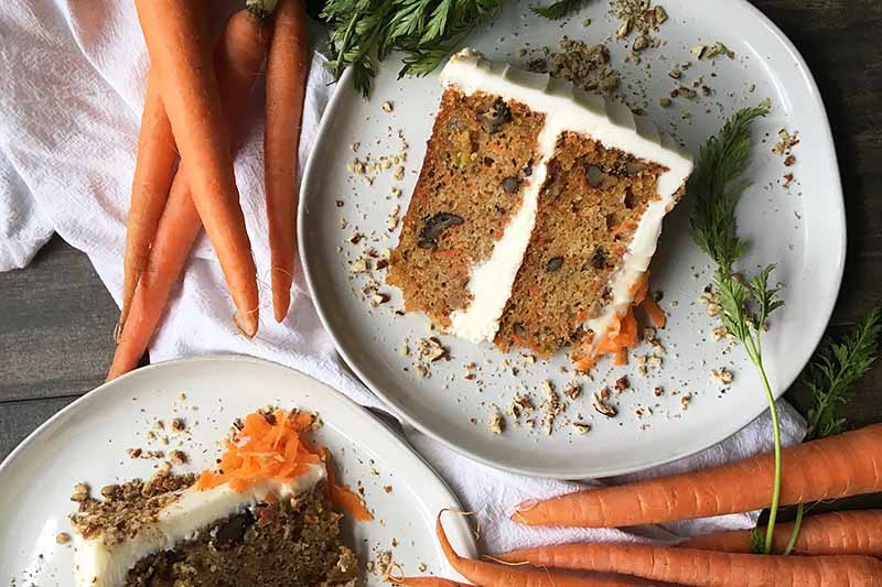 Horizontal image of two plates with a slice of carrot cake and cream cheese frosting next to fresh vegetables.