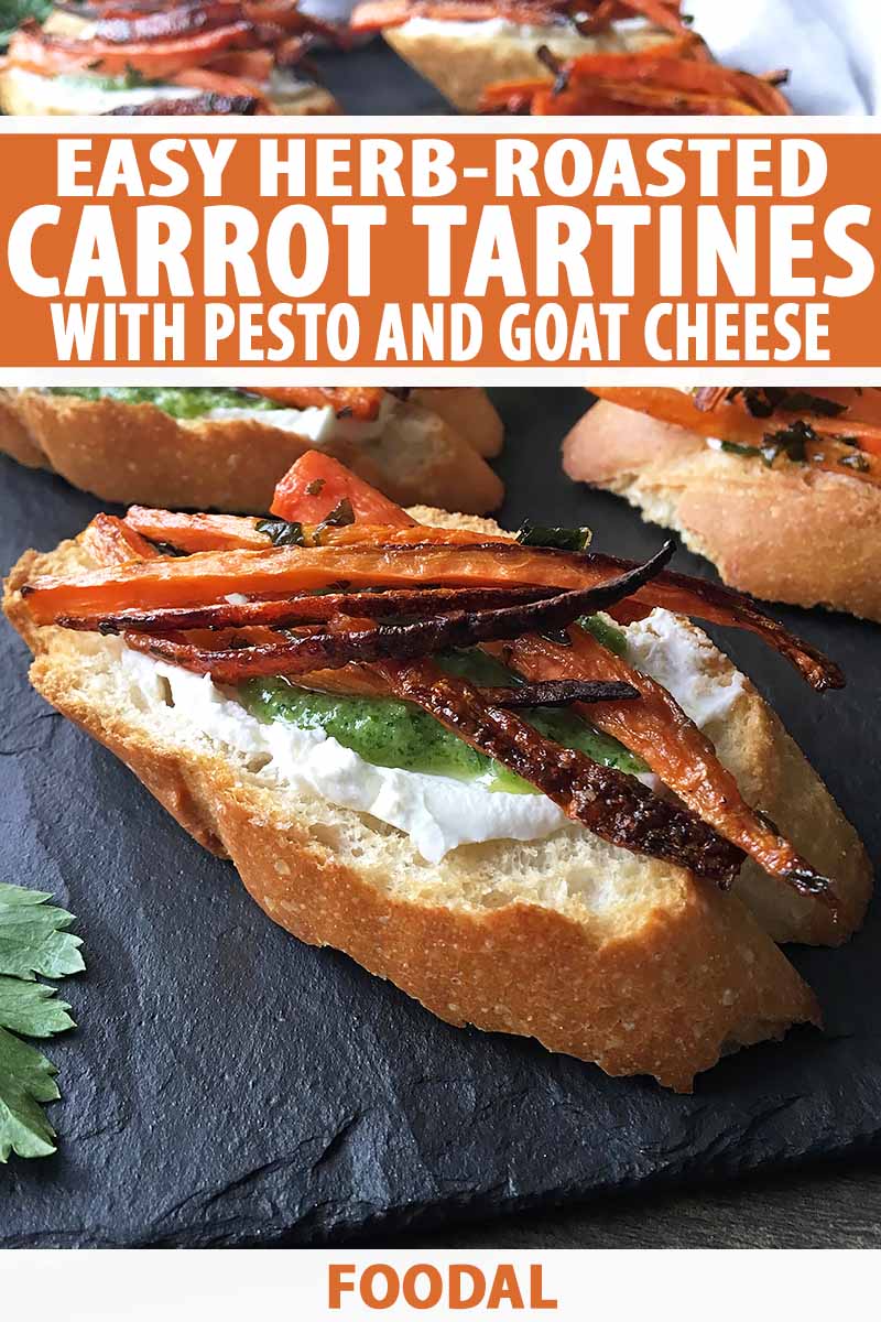 Vertical image of carrot tartines, with text on the top and bottom of the image.