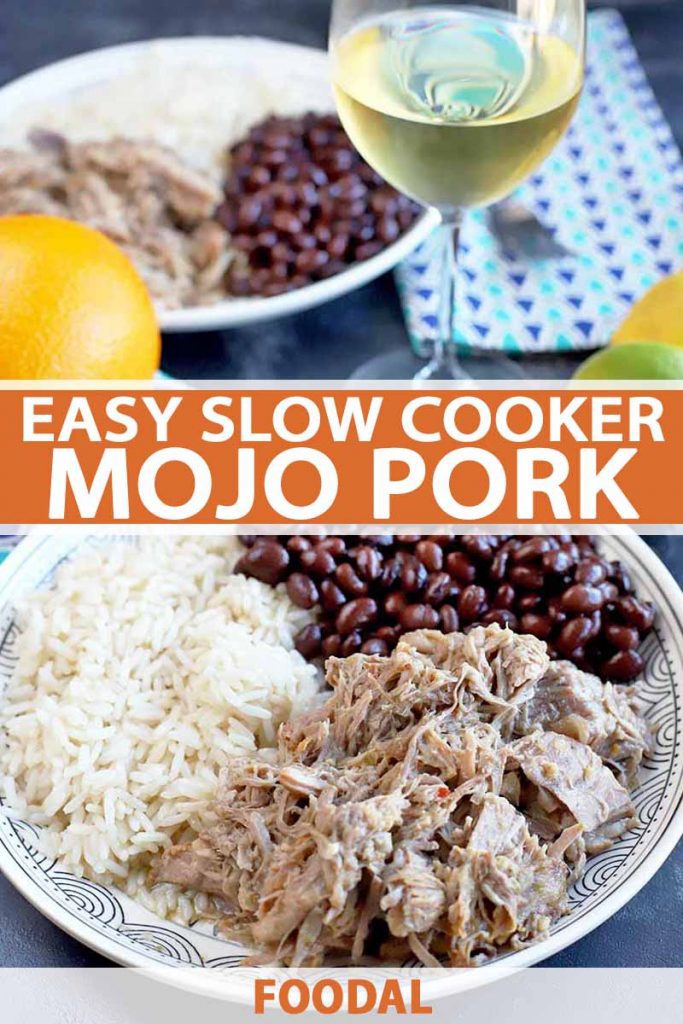 Vertical image of slow cooked pork with beans and rice on a plate, with text in the center and bottom of the image.