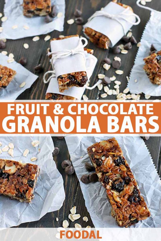 Vertical oblique overhead shot of homemade granola bars, some on small slips of white parchment and other wrapped in paper and tied in string, on a dark brown wood surface with chocolate chips and uncooked oats strewn across it, printed with orange and white text.
