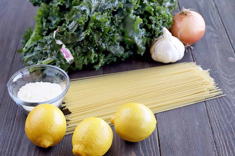 Three whole lemons, a small glass dish of grated Parmesan cheese, a bunch of curly kale, a head of garlic, and a yellow onion, with about half a pound of uncooked angel hair noodles, on a dark brown wood surface.