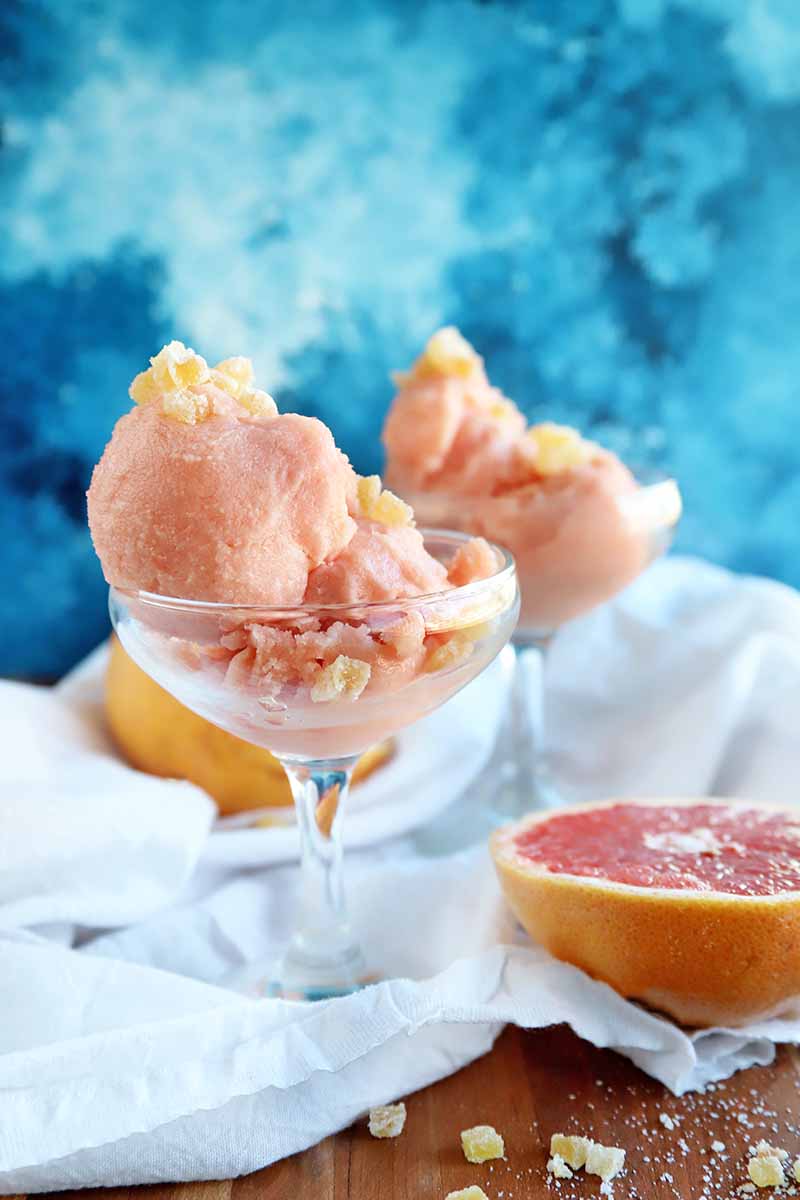 Vertical image of two glass dessert dishes filled with pink sorbet with candied ginger on top, on a white cloth on top of a brown wood surface, with scattered crystallized ginger, two halves of a ruby red grapefruit, and a white cloth, against a mottled blue and white backdrop.