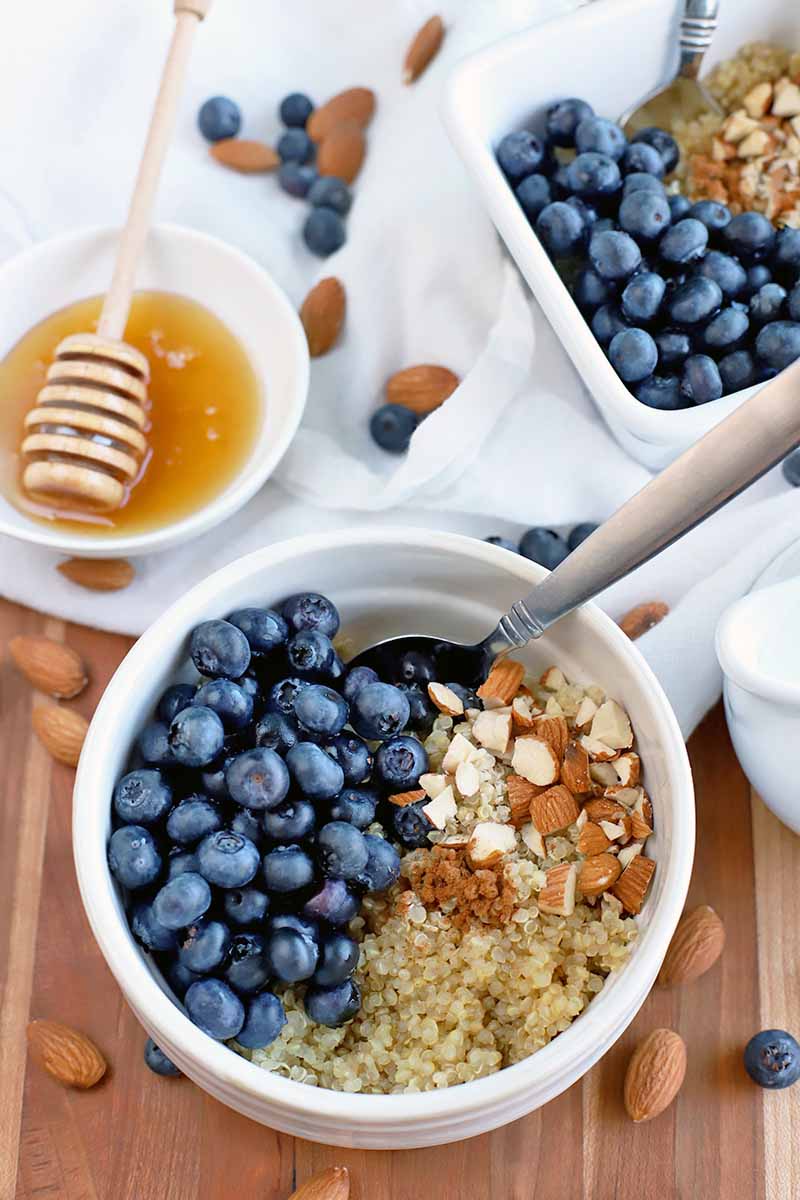 Overhead oblique vertical shot of one round and one square white bowl of cooked quinoa, fresh blueberries, chopped almonds, and cinnamon, with a spoon stuck into the bowl in the foreground and a small white bowl of honey with a wooden dipper to the left, on a gathered white cloth on top of a brown wooden table, with scattered nuts and berries.