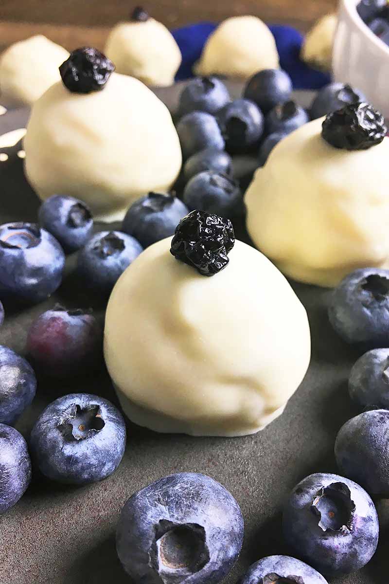Vertical image of three truffles with blueberries.