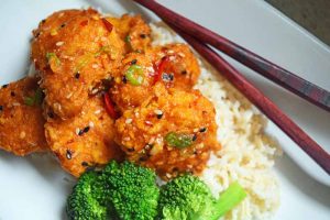 Lightened Up Baked General Tso’s Chicken with Scallions and Chilies