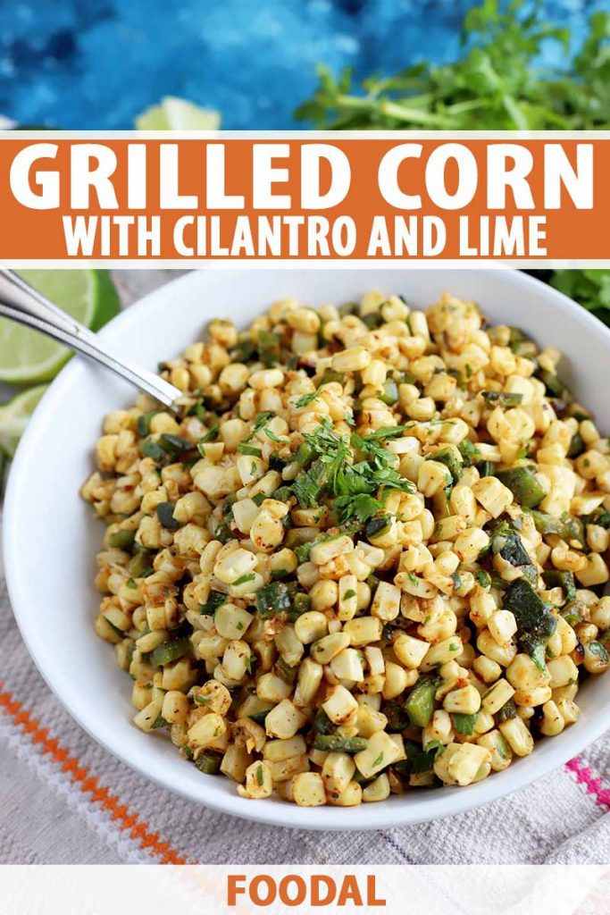 Vertical image of a plate of grilled corn, with text on the top and bottom of the image.
