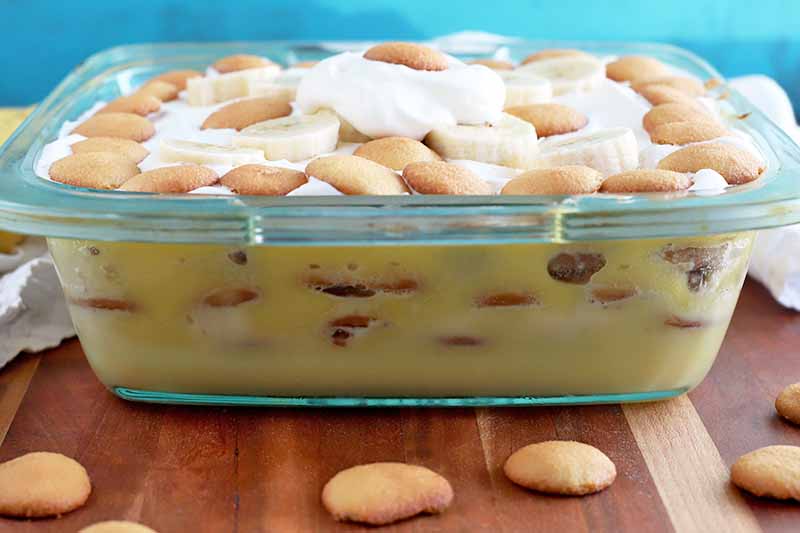 Horizontal head-on image of a glass baking dish of banana cream pudding with whipped cream on top,with scattered vanilla wafer cookies and a white cloth on a striped beige and brown wood surface, with a blue background.
