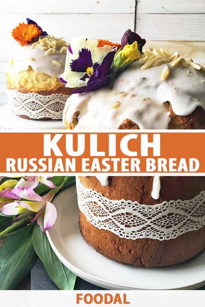 Vertical image of two kulich loaves with icing and floral decorations.