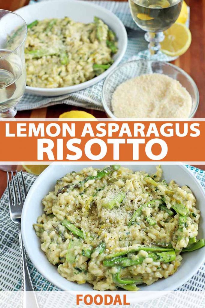 Vertical image of two white bowls of asparagus risotto on blue and white checkered cloth napkins with forks, beside two glasses of white wine and yellow citrus, on a brown wood table, printed with orange and white text in the middle and at the bottom of the frame.