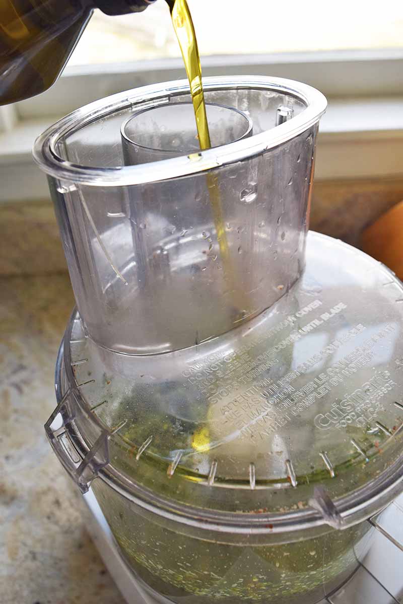 Vertical image of a plastic food processor with a green mixture inside, with a plastic bottle of olive oil being poured from the left side of the frame in a thin stream into the feed chute of the appliance, on a beige countertop in front of a window with a white painted frame.