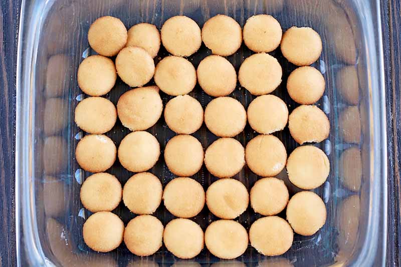 Mini vanilla wafer cookies are arranged in six rows of six cookies each, in the bottom of a square glass baking dish, on a brown wood surface.