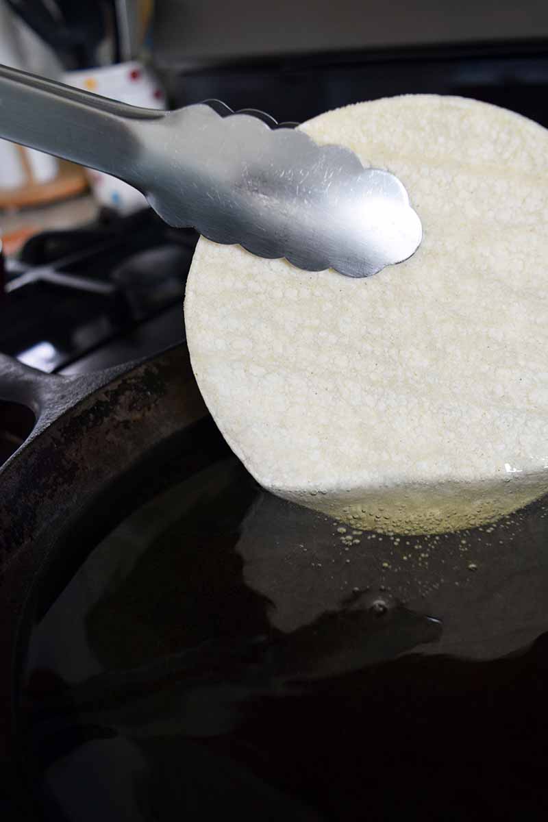 Vertical image of a pair of metal tongs dipping the corner of a corn tortilla beneath the surface of the hot vegetable oil that is in a large cast iron pan below, on a gas stove with metal grates.
