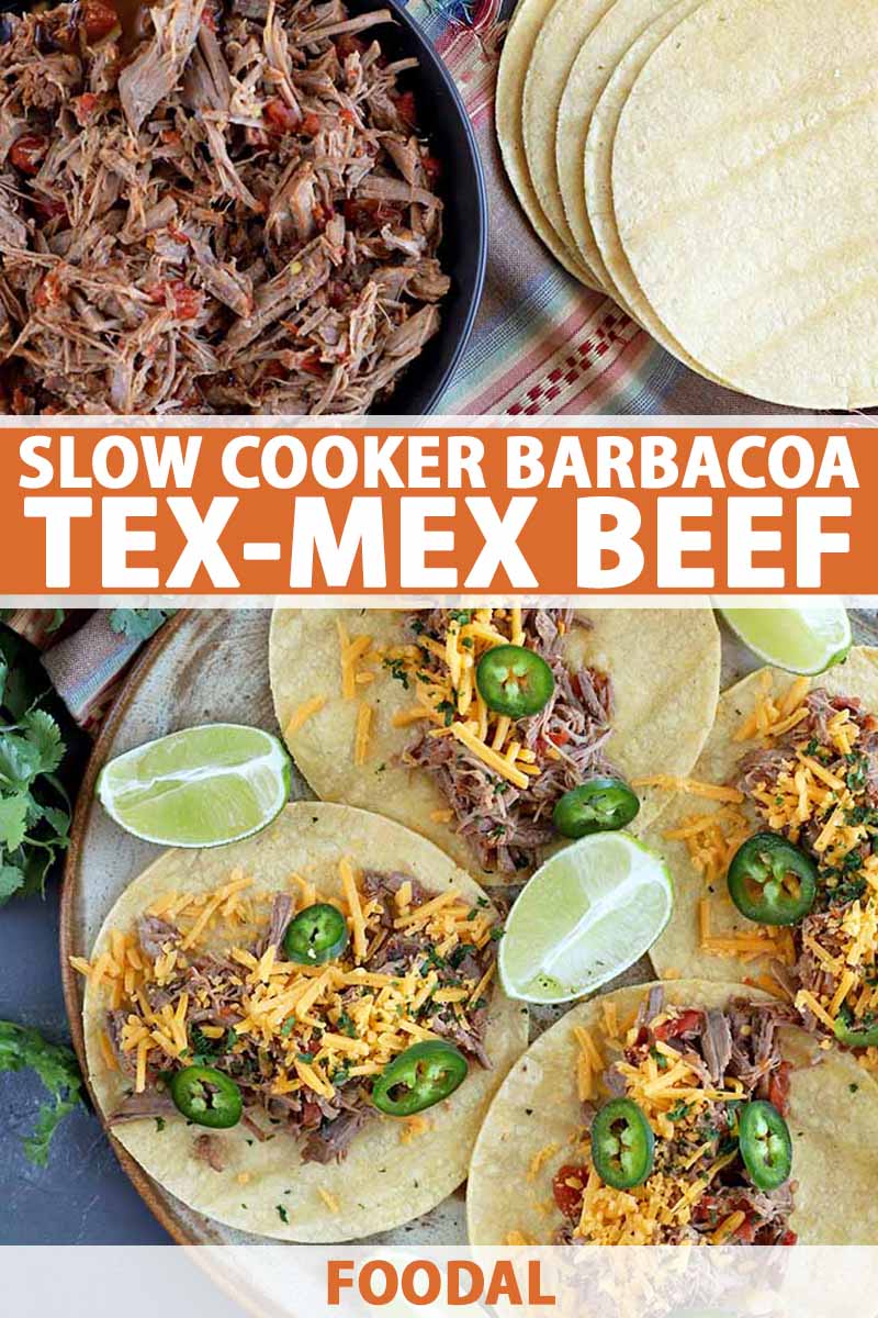Vertical overhead image of a white plate of shredded beef barbacoa and another plate of four tacos with sliced jalapeno, lime wedges, and shredded cheese, with cilantro and a stack of tortilla, printed with orange and white text at the midpoint and the bottom of the frame.