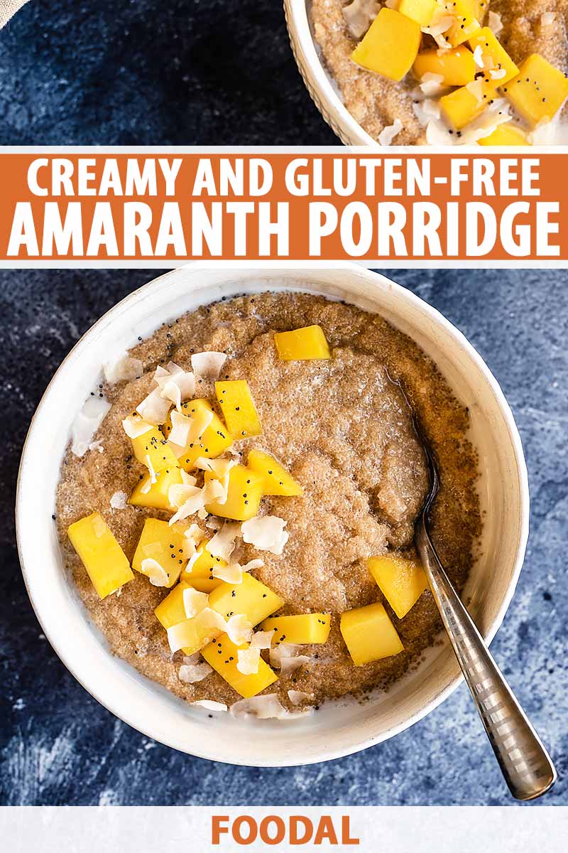Vertical top-down image of a bowl of porridge with mango chunks and coconut shreds, with text on the top and bottom of the image.