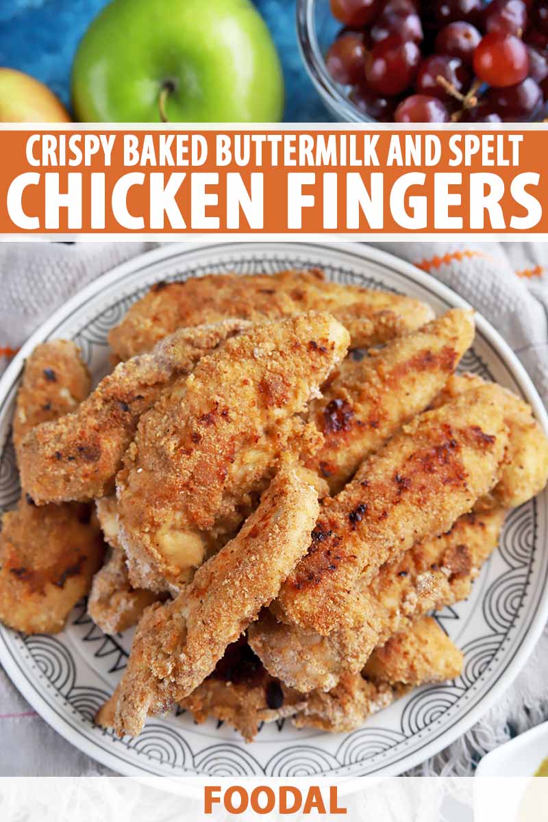 Vertical image of a plate of baked tenders, with text on the top and bottom of the image.