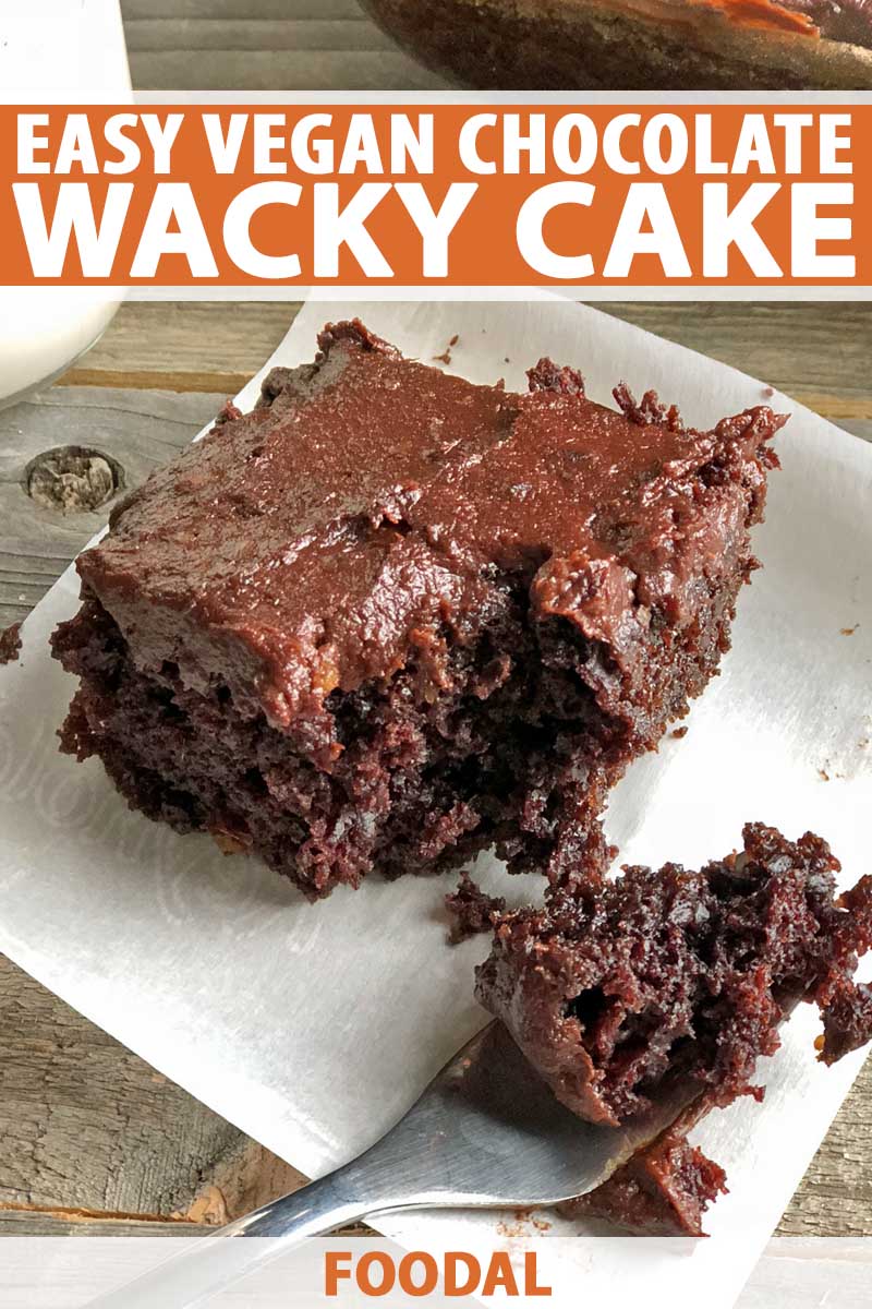 Vertical image of a piece of chocolate cake with a piece taken out and on a fork next to it to the right, on a piece of parchment paper on top of a gray and beige surface, with a bottle of milk and a glass baking dish in the background, printed with orange and white text at the midpoint and the bottom of the frame.