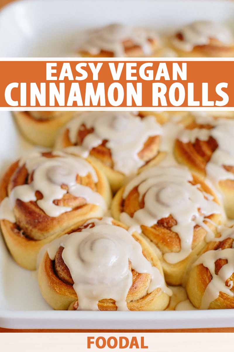 Vertical image of baked cinnamon rolls covered in glaze, with text on the top and bottom of the image.