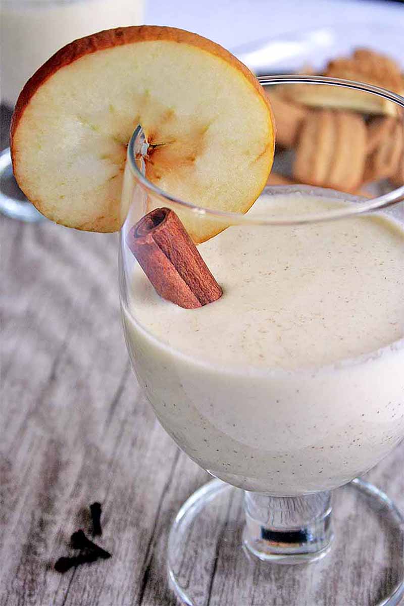 Vertical image of part of a white smoothie in a glass with a cinnamon stick and apple slice garnish.