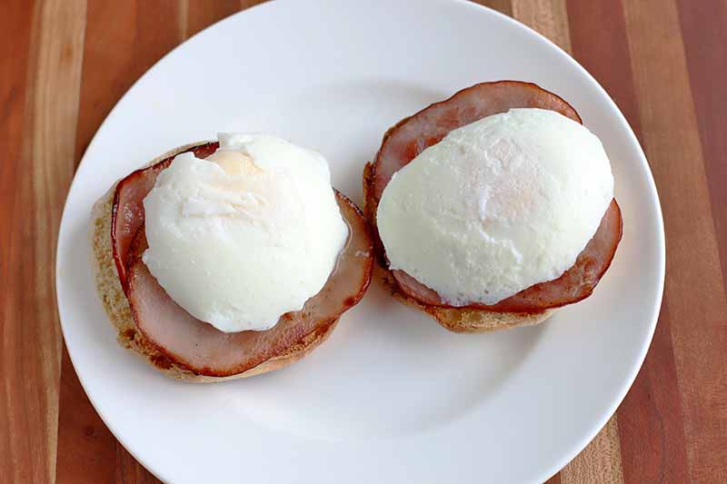A toasted English muffin topped with Canadian bacon and poached eggs, on a white plate on top of a wood countertop.