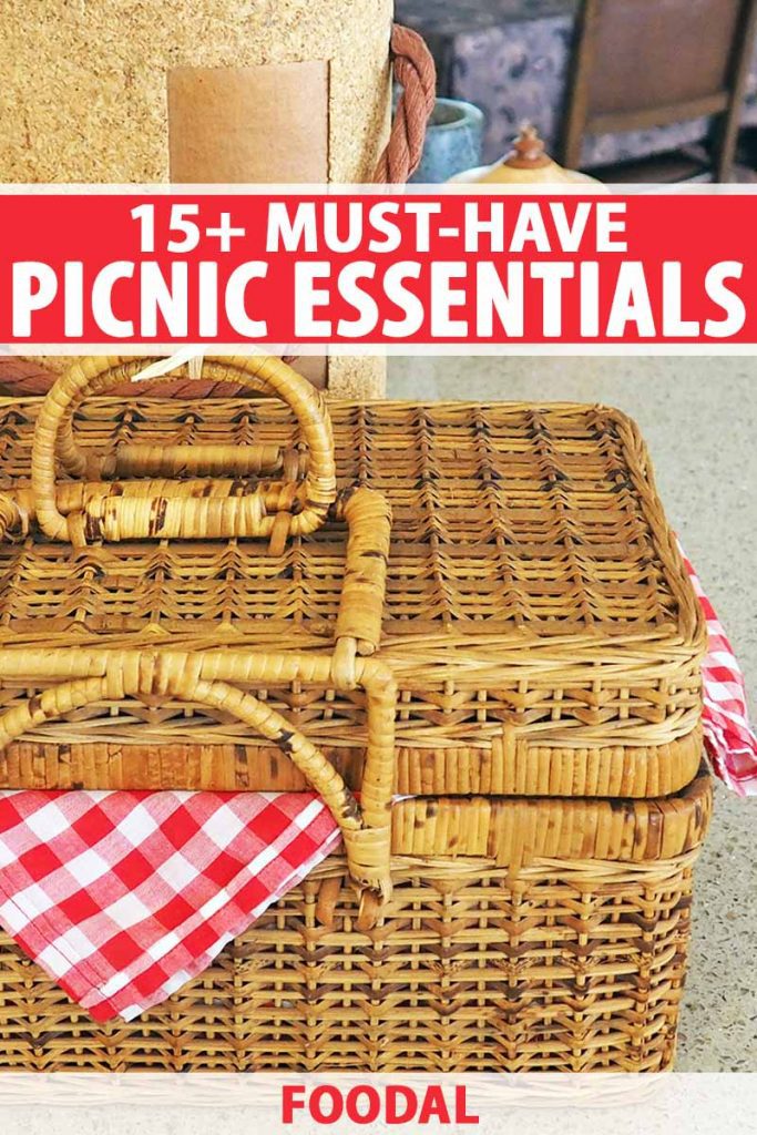 Vertical closely cropped image of a wicker picnic basket lined with a red and white checkered cloth, on a kitchen countertop with a wine cooler and other items in the background, printed with red and white text.