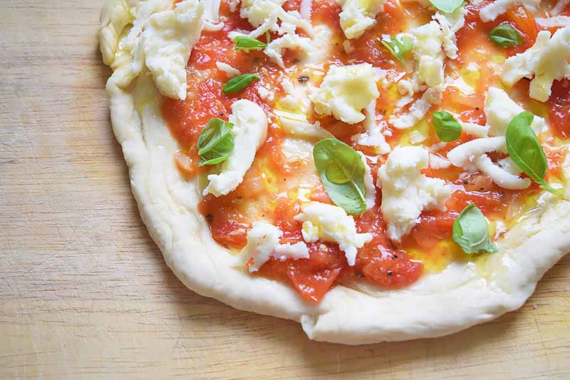 Horizontal image of unbaked pizza with tomatoes, mozzarella, and fresh basil.