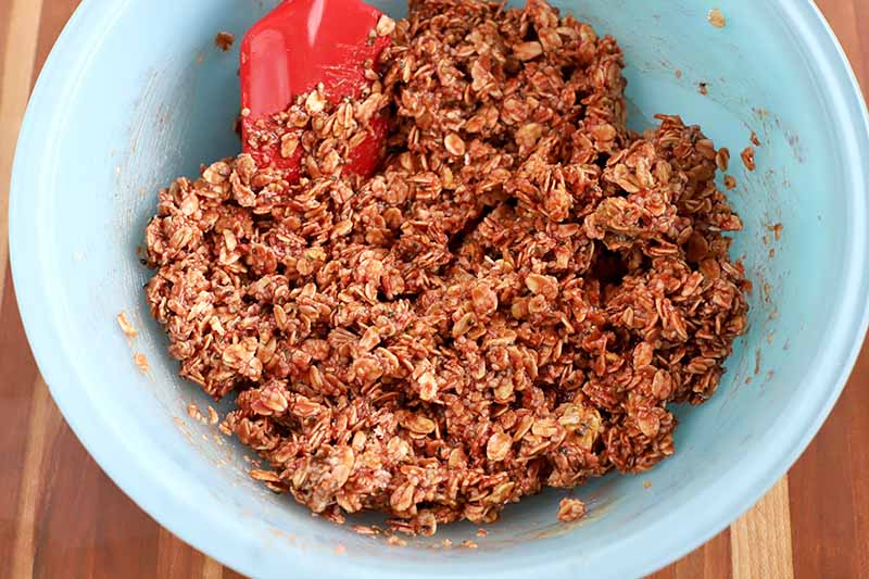 Horizontal image of a big bowl with a dark brown oat mixture and a red spatula.