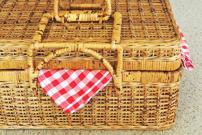 A picnic basket with checkered blanket peaking out.