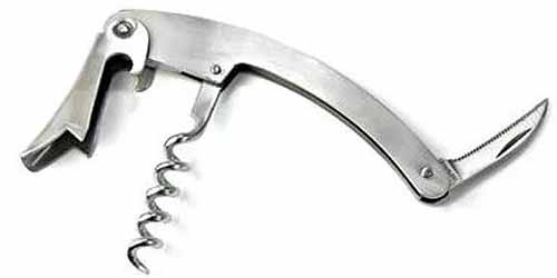 A waiter's corkscrew with knife and bottle opener, isolated on a white background.