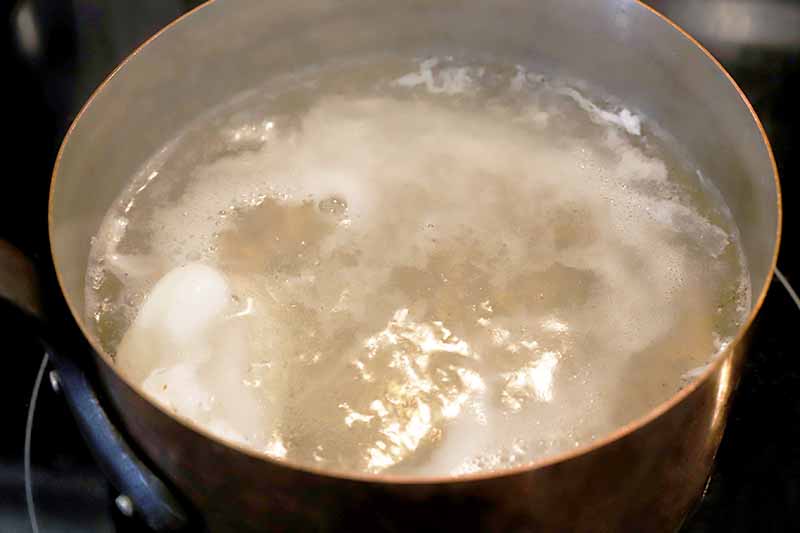 Water is simmering in a saucepan on the stove, with a black background.